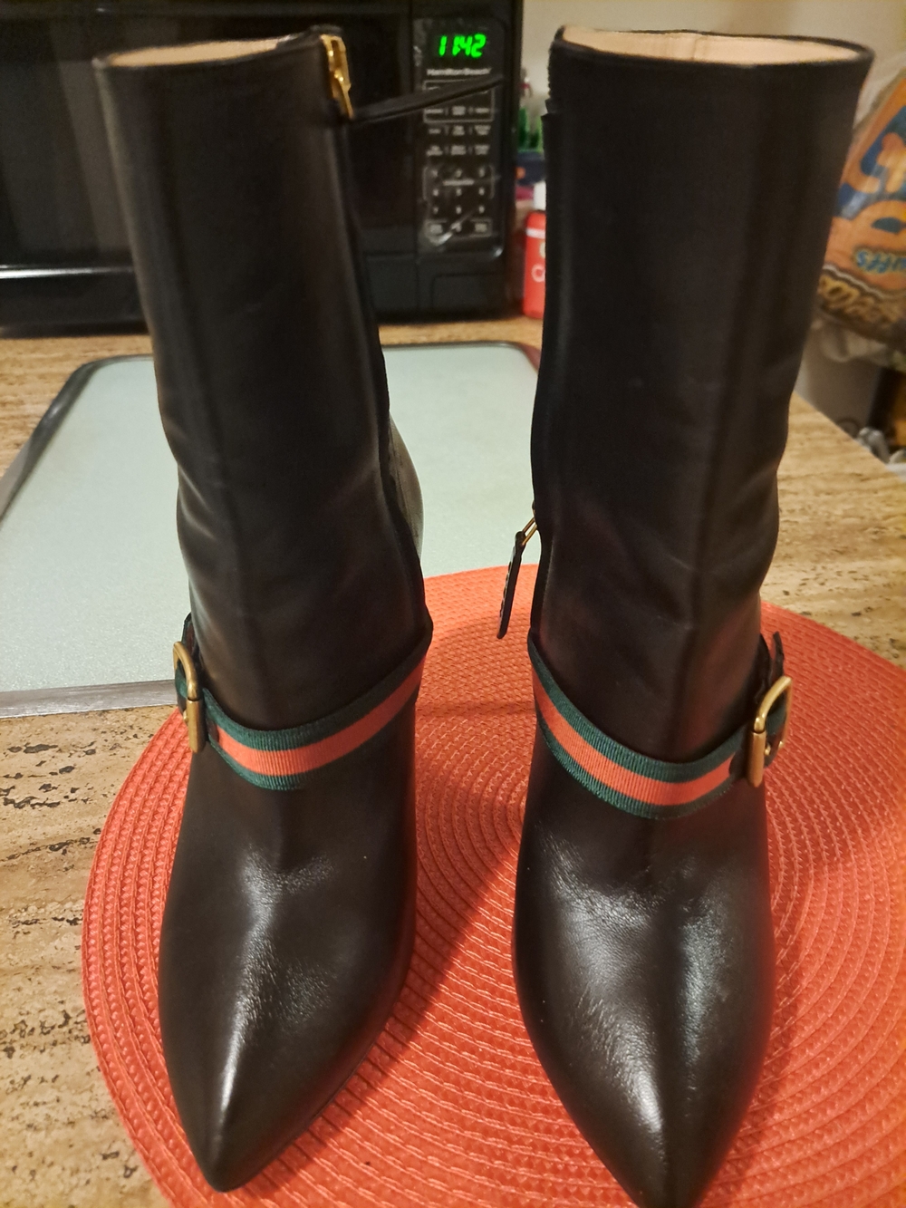 Gucci Black Pointed Toe Ankle Boots with Green and Red Web Strap